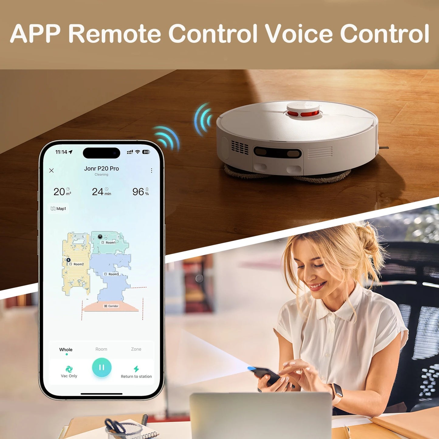 Robot Vacuum with vacuuming, mopping, drying, and wiping capabilities.